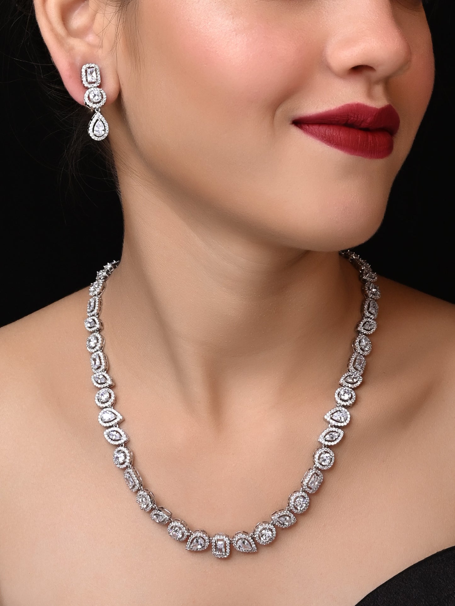 Neya Silver Plated With American Diamond Necklace Set