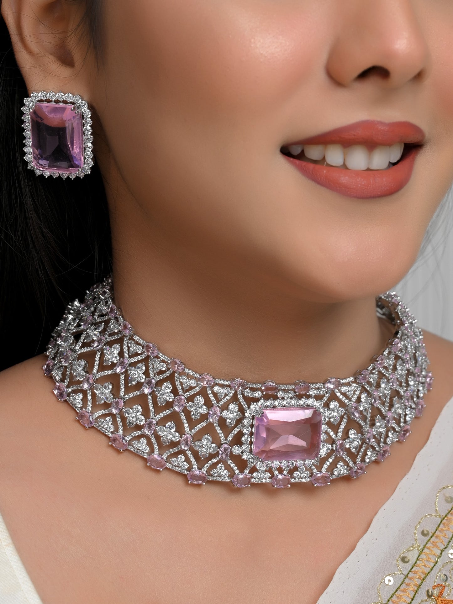Ida Pink American Diamond Necklace Set