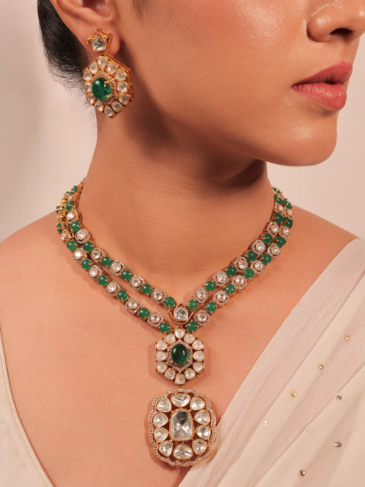 Ahti Emerald Long Kundan Polki Set