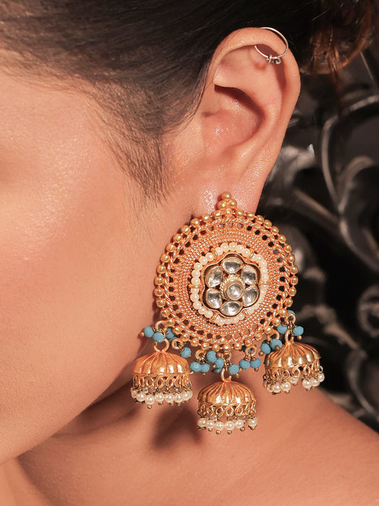 Kajal Sky Blue Stone Gold Plated Antique Jhumki