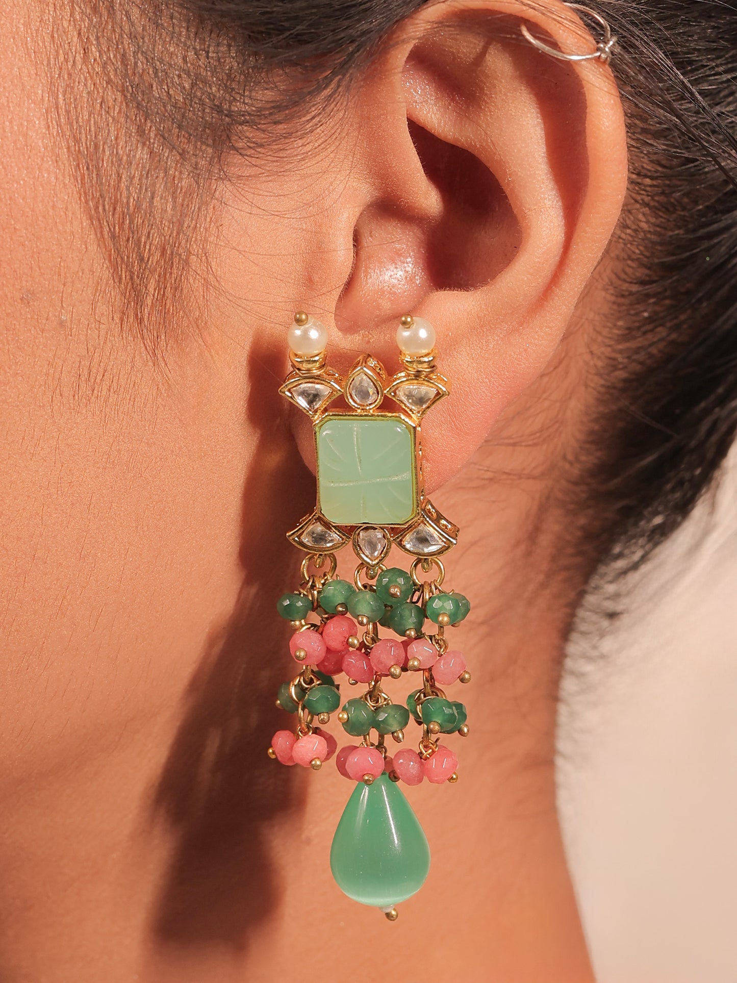 Aafizah Mint Green & Pink Gold Plated Choker Kundan Set