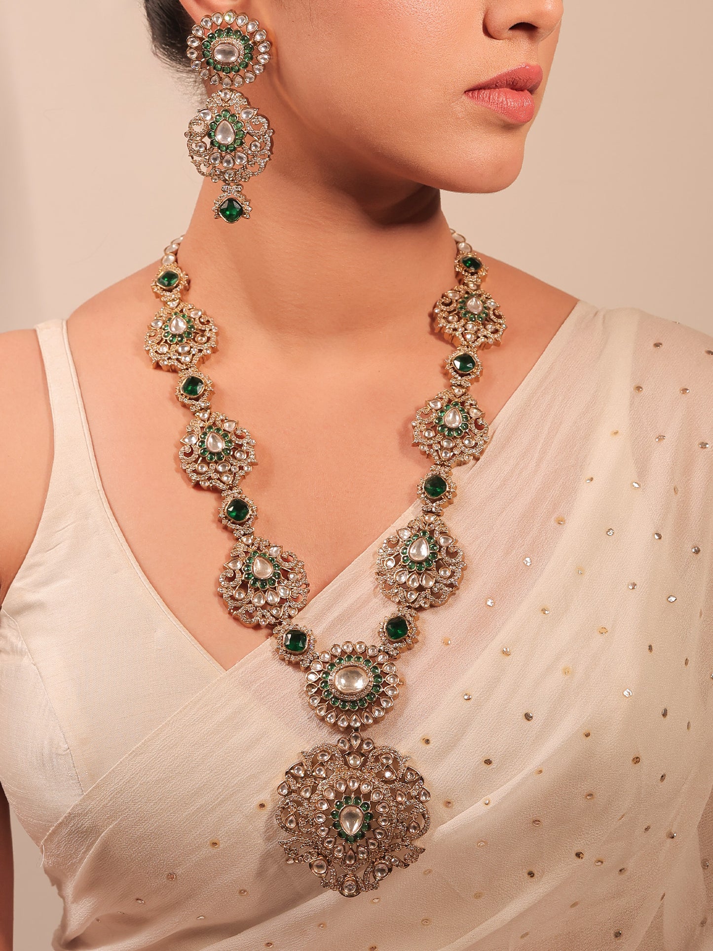 Roma Green Kundan Polki long Necklace Set