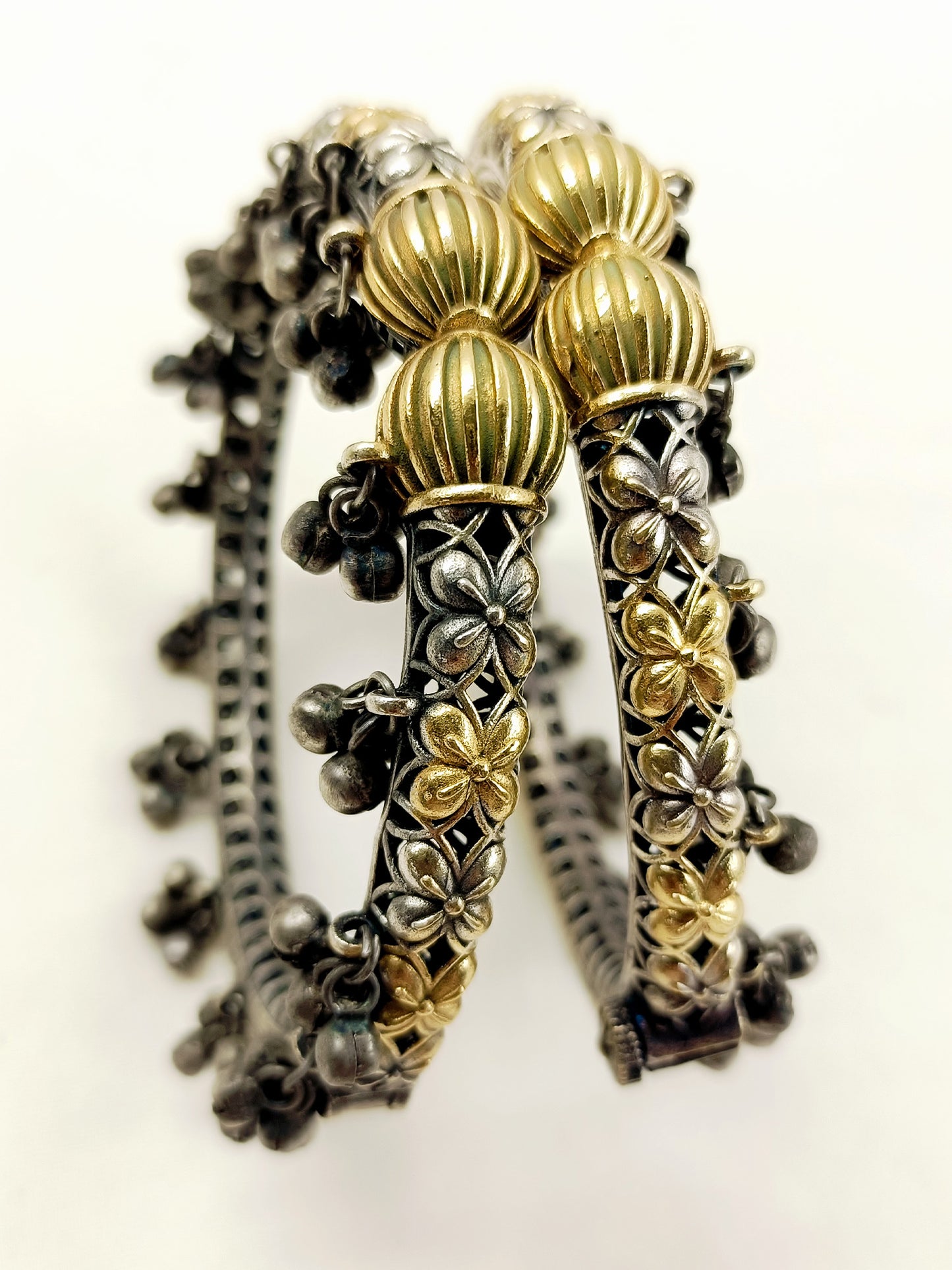 Charulata Dual-Tone Oxidized Floral Ghungroo Anklets