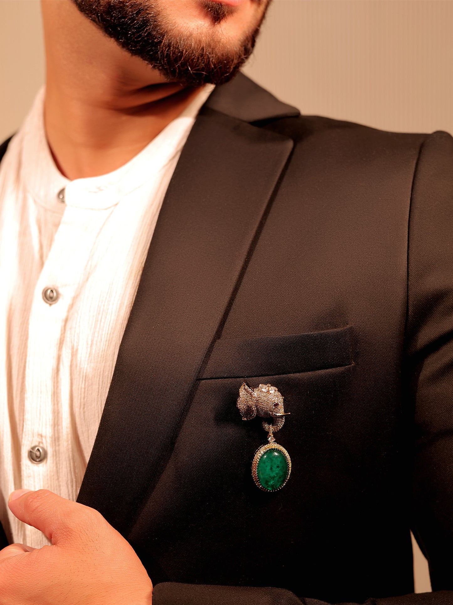 Krishnkumar Green Elephant Brooch