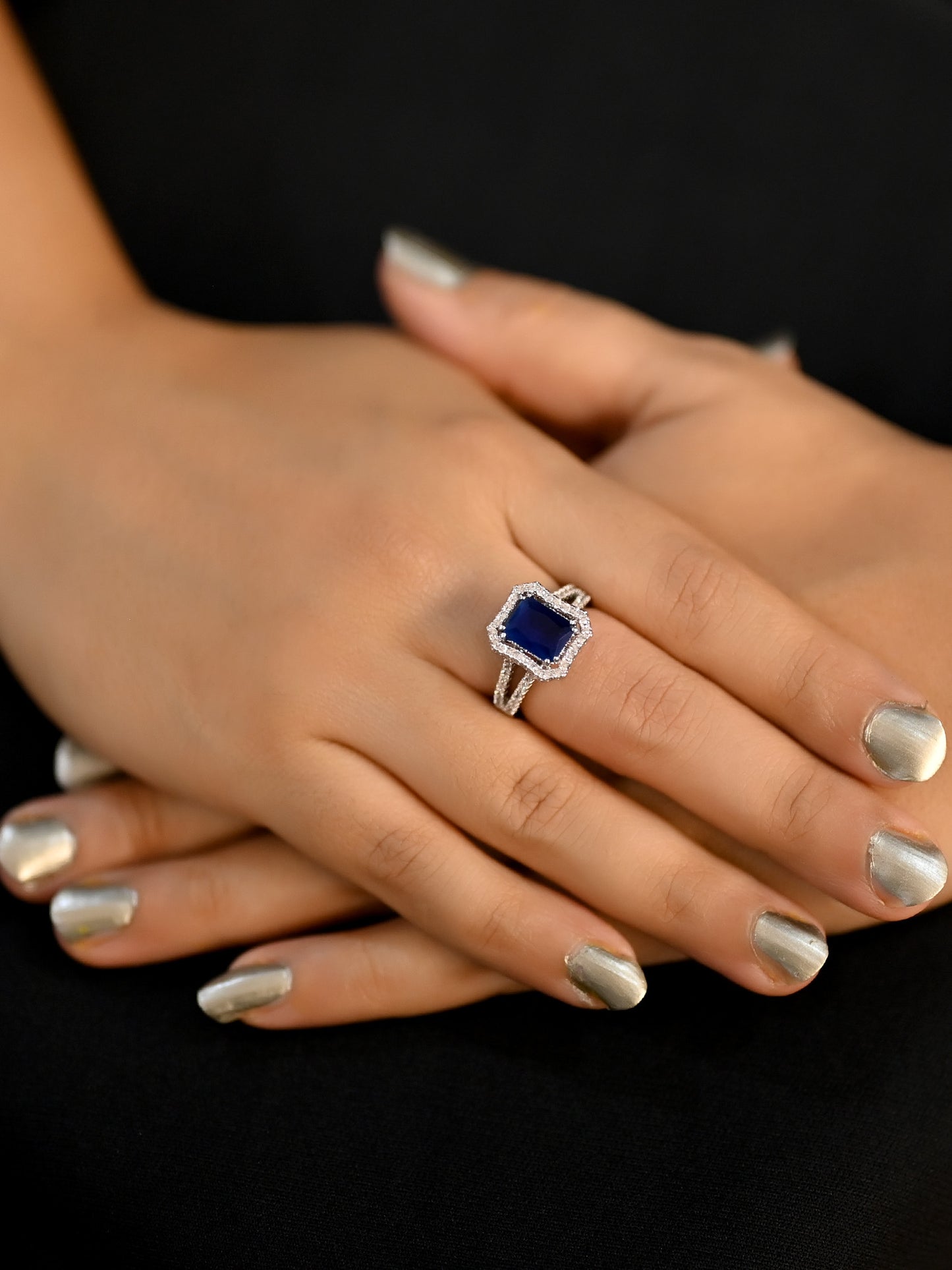 Bhavini Navy Blue American Diamond Finger Ring