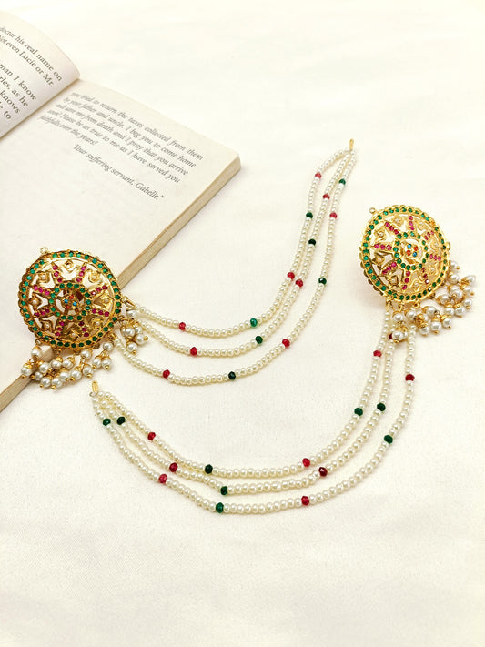 Triguni Multi Colour Jadau Earrings With Side Chain