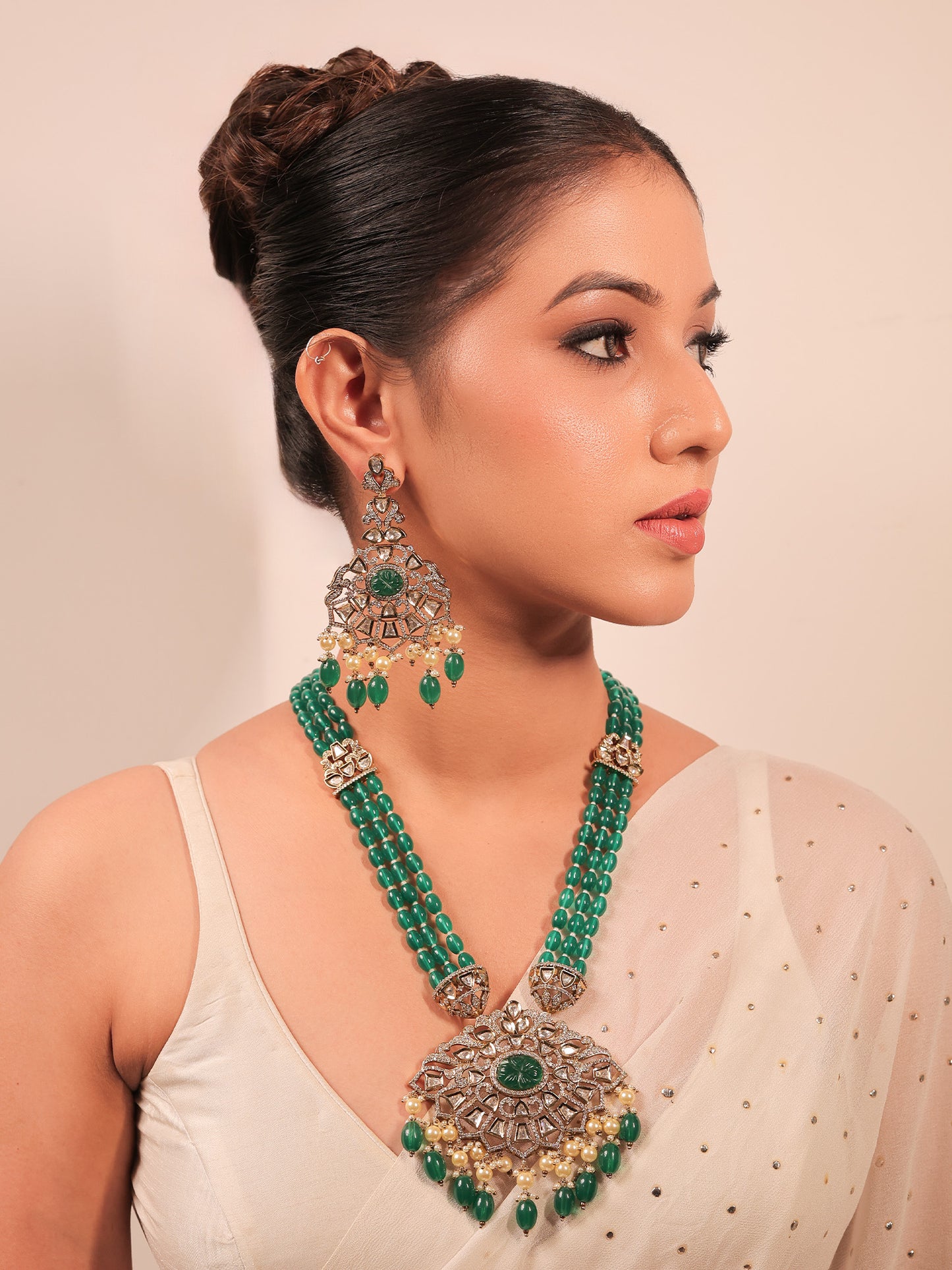 Isabella Green Kundan Polki Long Necklace Set