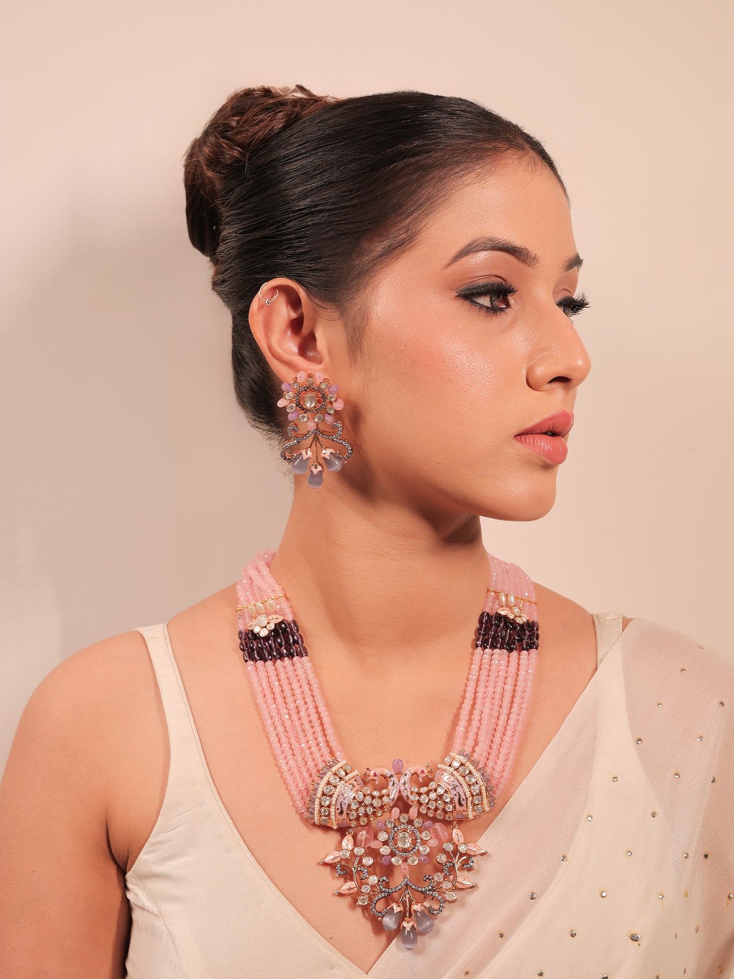 Madhurima Pink Peacock Kundan Necklace Set