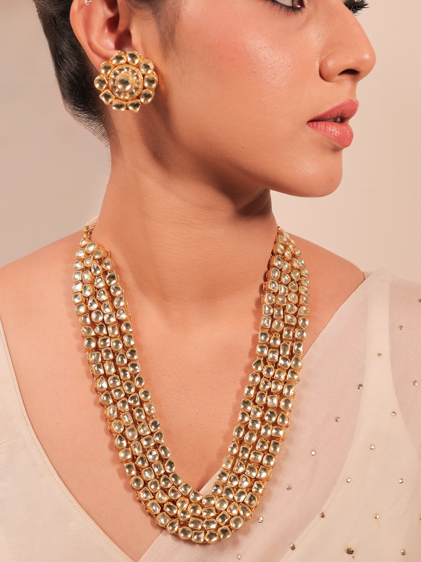 Aamira Golden Coloured Pachi Kundan Long Necklace Set