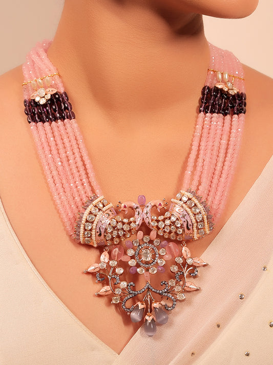 Madhurima Pink Peacock Kundan Necklace Set