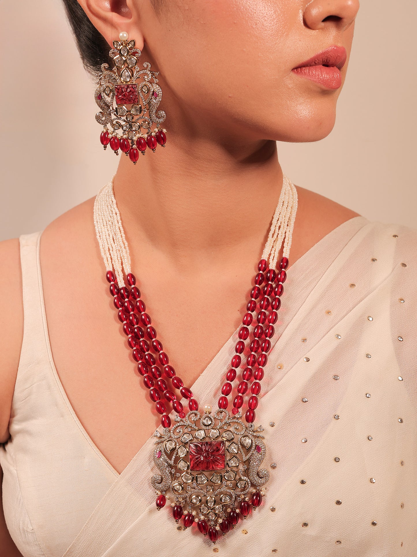 Sayesha Maroon Kundan Polki Long Necklace Set