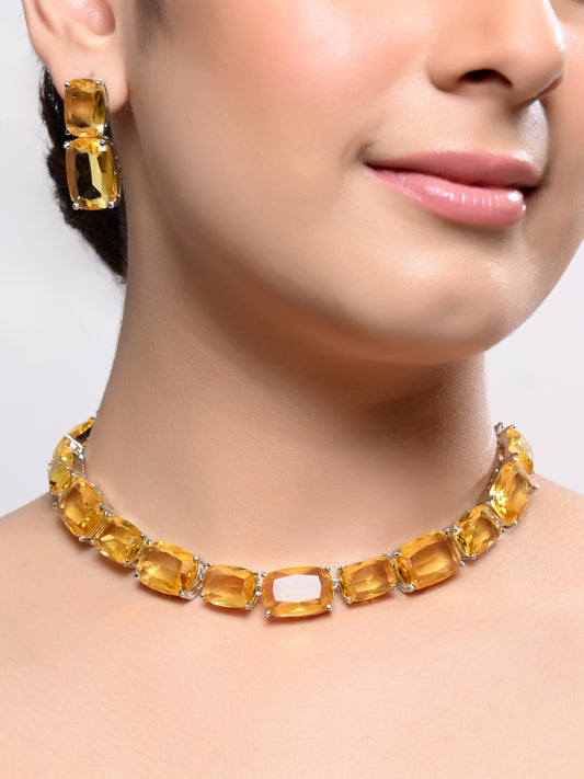Chanchari Yellow American Diamond Necklace Set