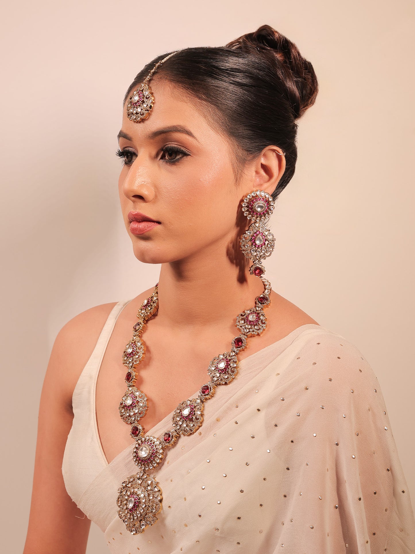 Bishakha Ruby Kundan Polki long Necklace Set