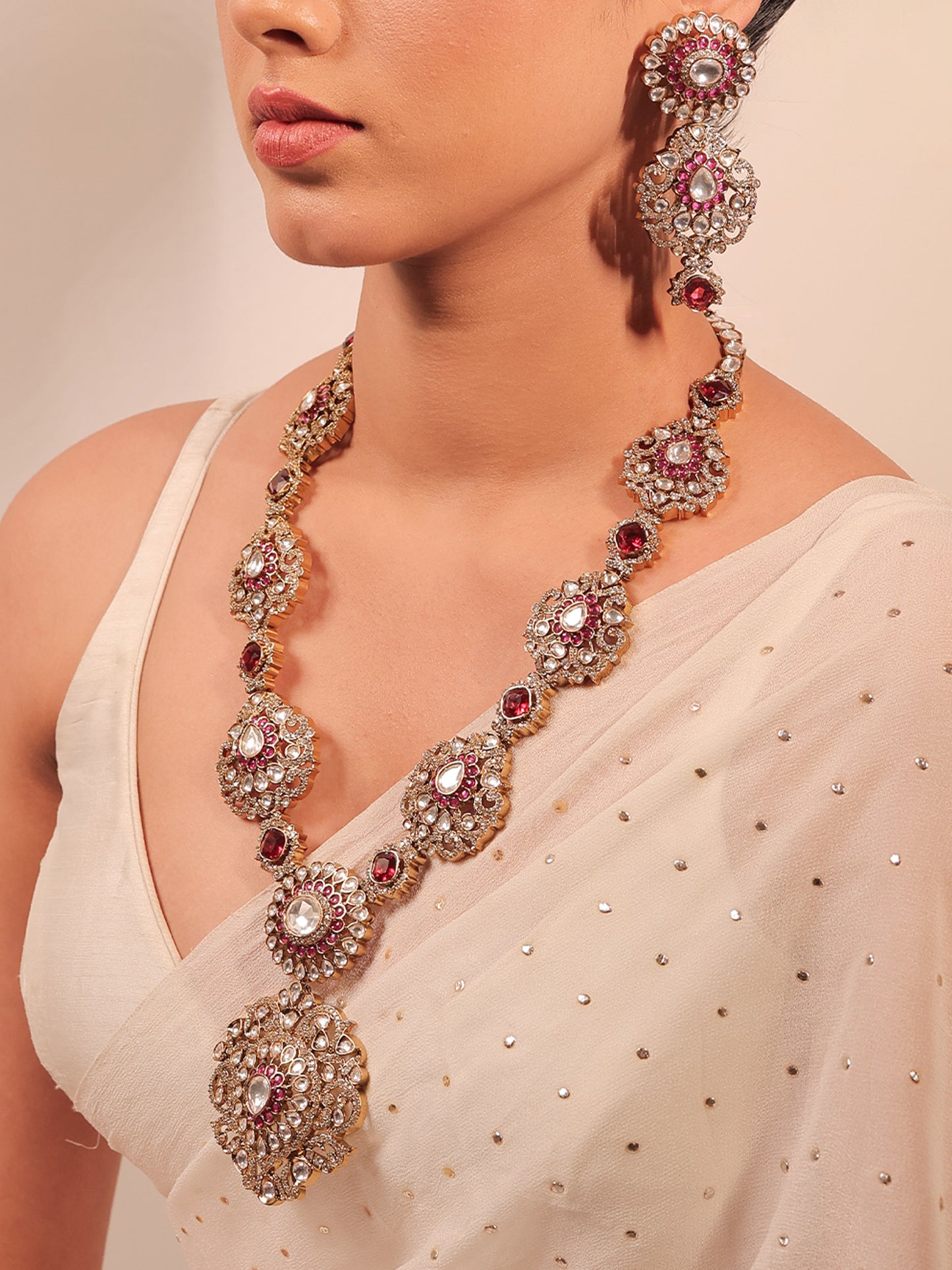 Bishakha Ruby Kundan Polki long Necklace Set