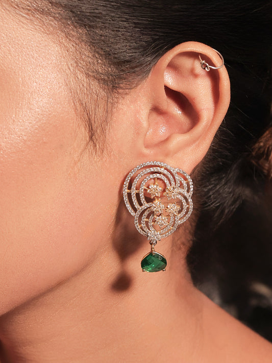 Maitri Gold Plated American Diamond Tops With Green Stone