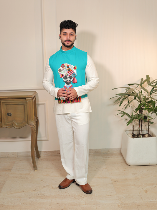 Panshul Garba Turquoise Swag Jacket Set.
