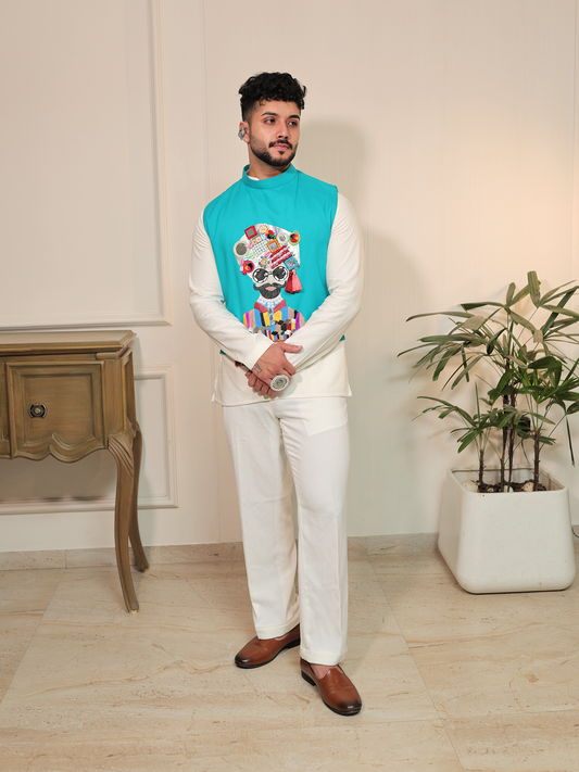 Panshul Garba Turquoise Swag Jacket Set.