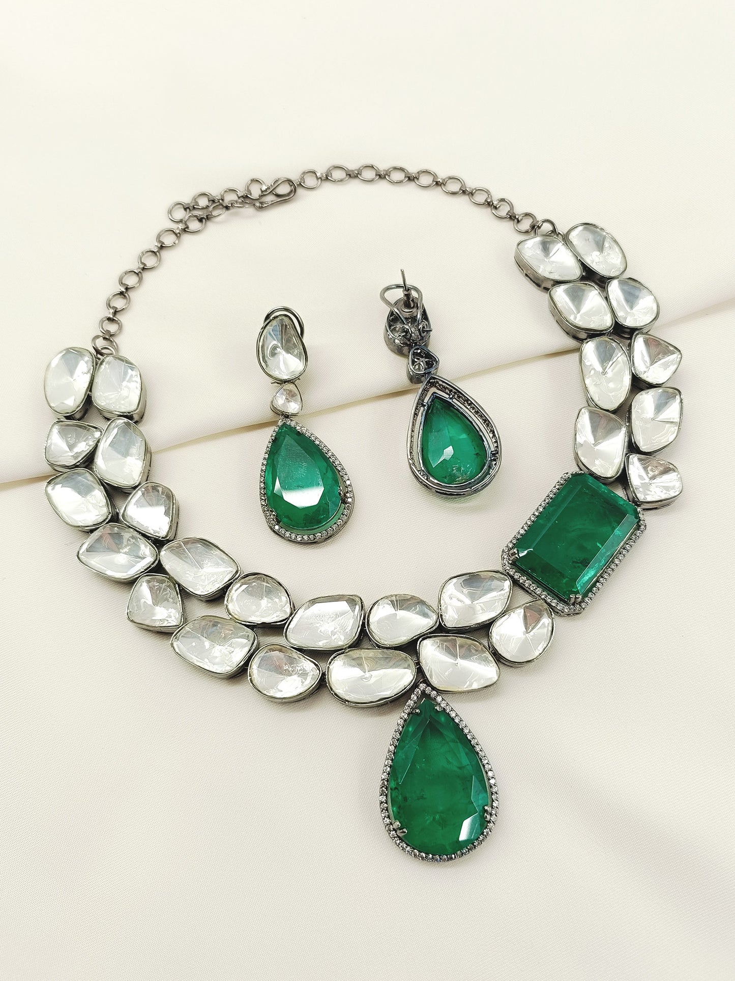 Aziya Double Layered Uncut Diamond Polki Long Set