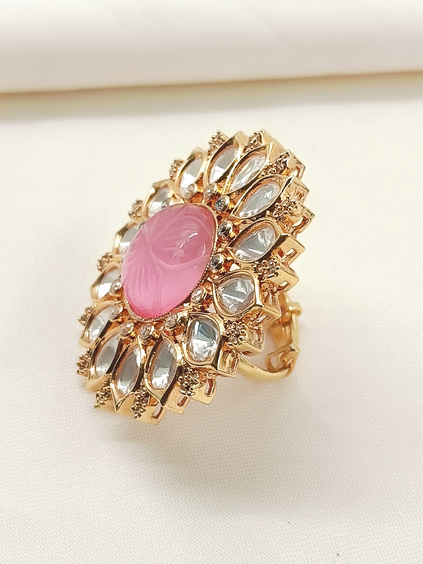 Binita Pink Stone Gold Plated Kundan Ring