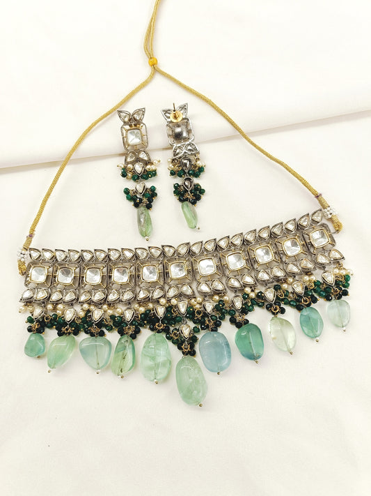 Bushra Mint Green Rhodium Plated Victorian Necklace Set