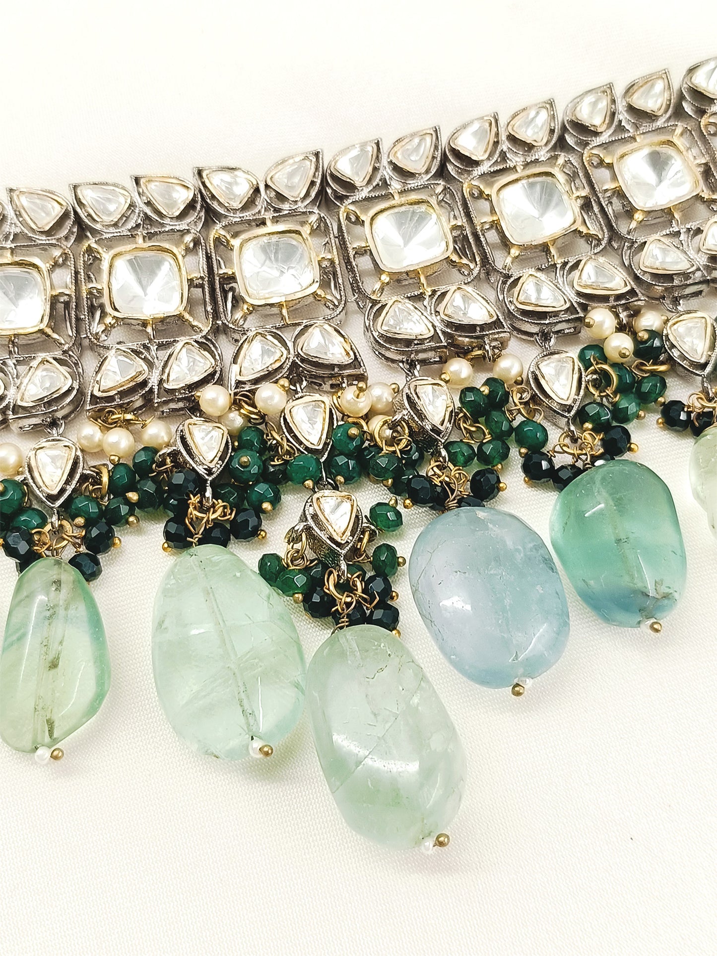 Bushra Mint Green Rhodium Plated Victorian Necklace Set