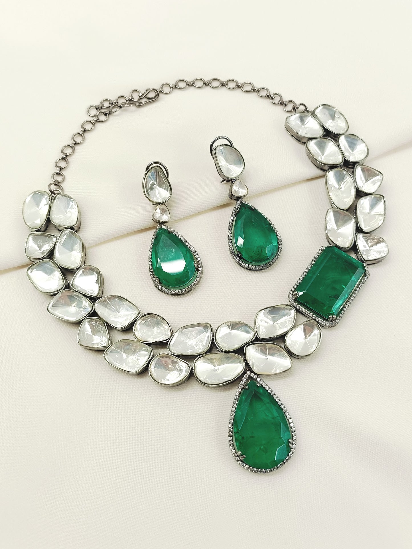 Aziya Double Layered Uncut Diamond Polki Long Set