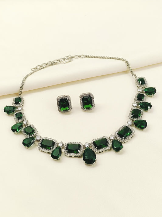 Ayana Green Emerald And Diamonds Silver Plated Necklace Set
