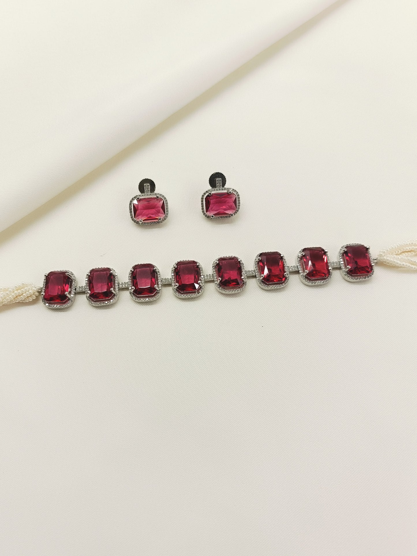 Saaleha Ruby Diamond Stone Silver Plated Choker Set