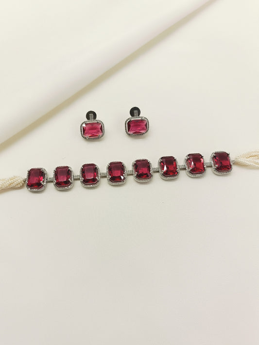Saaleha Ruby Diamond Stone Silver Plated Choker Set