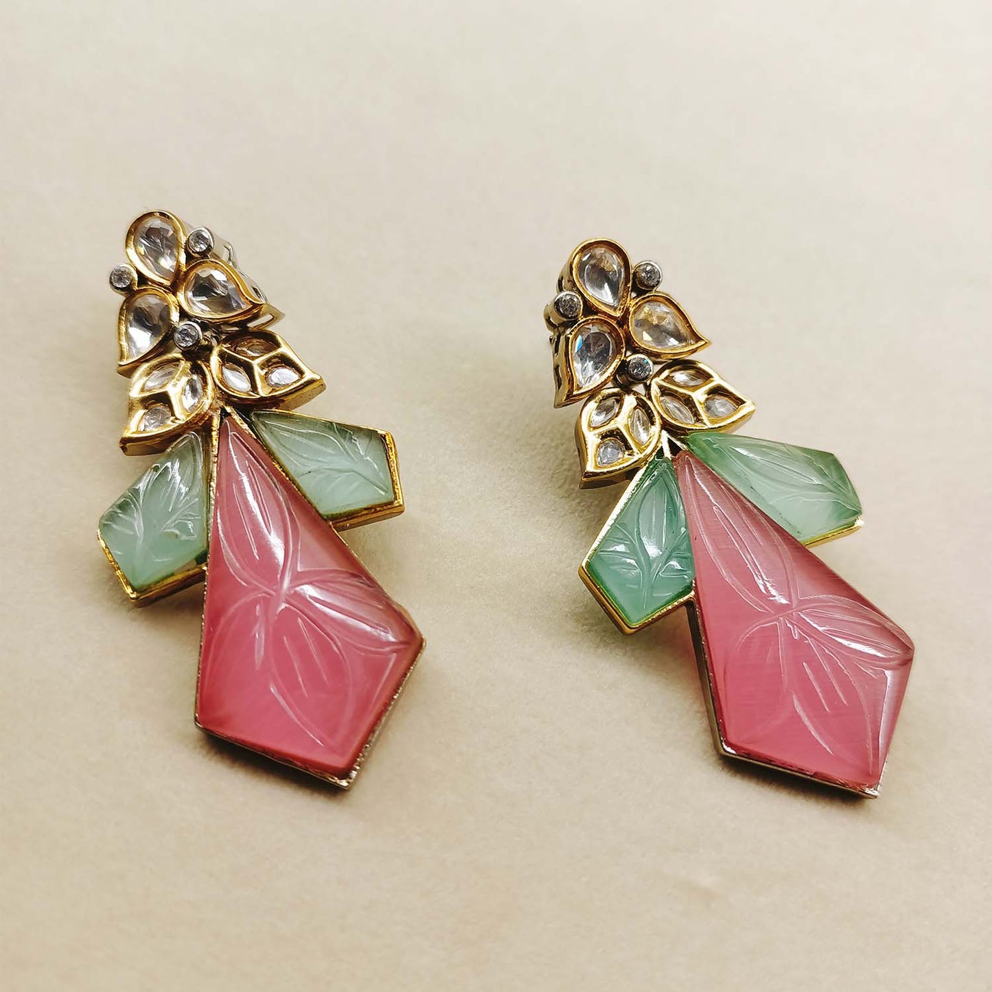 Draupadi Pink And Mint Green Rhodium Plated Victorian Earrings