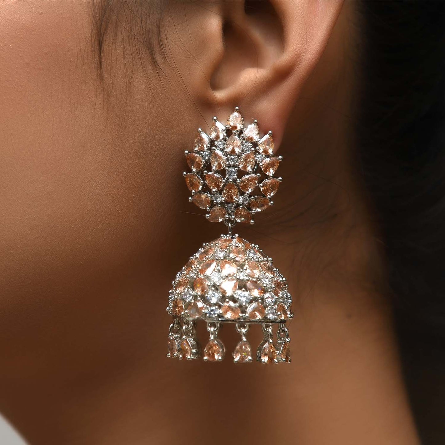 Jharna Copper Silver Plated American Diamond Jhumki