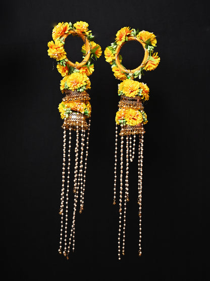 Sukanya Yellow Floral With Pearl Hanging Kalire
