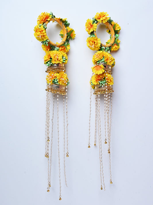 Sukanya Yellow Floral With Pearl Hanging Kalire