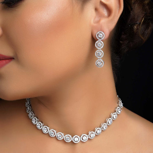 Ishraq Diamond Neck Line Silver Plated Necklace Set