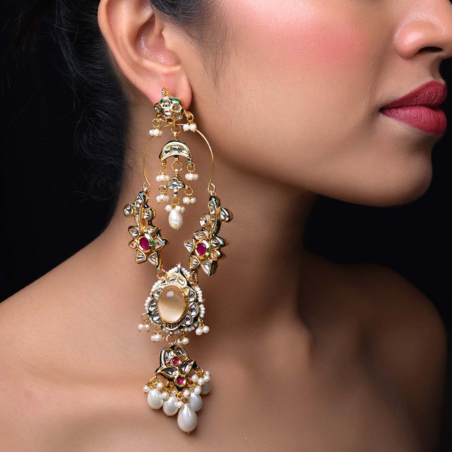 Pragya Long Kundan Earrings With White Stone