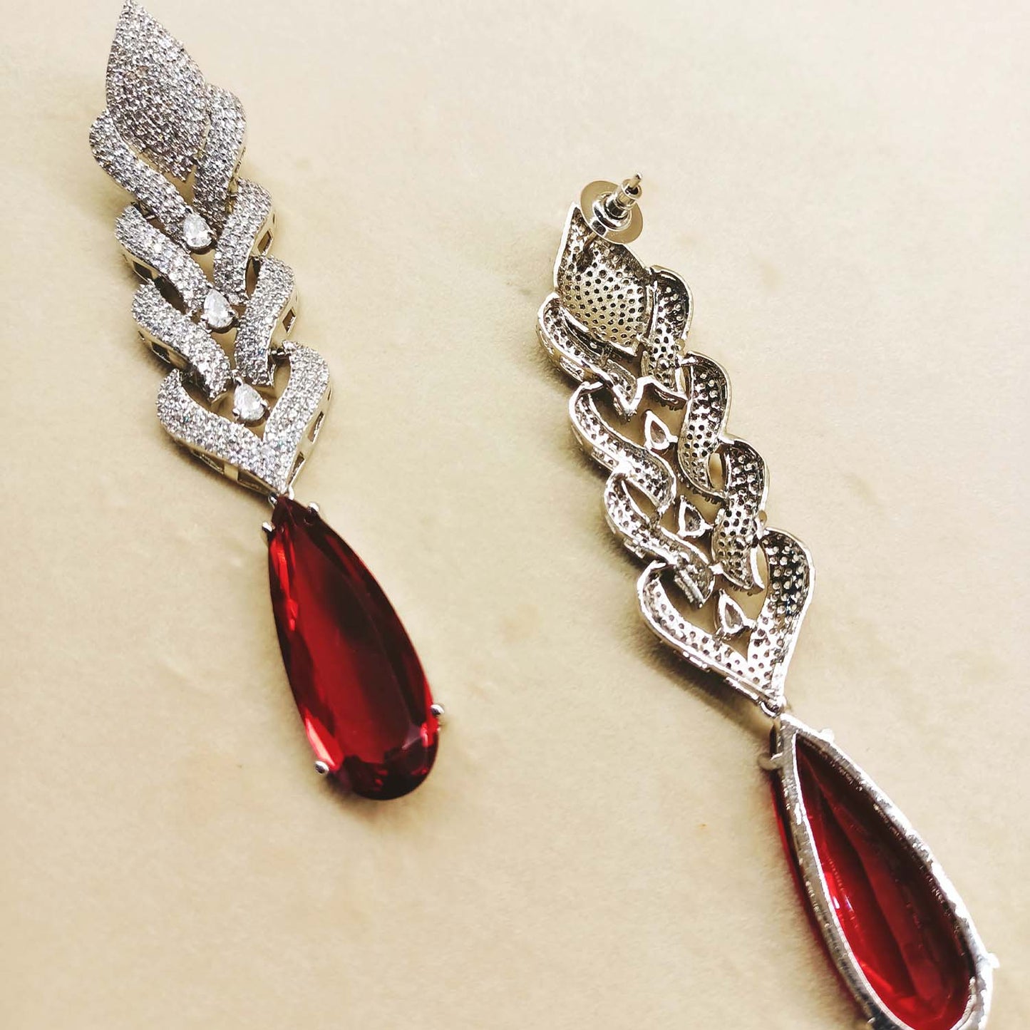 Chavi Maroon Diamond Work Rhodium Plated Victorian Earrings