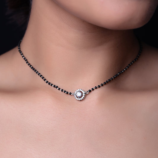 Aneri Black Beads Silver Chain With Solitaire Pendant Mangal sutra