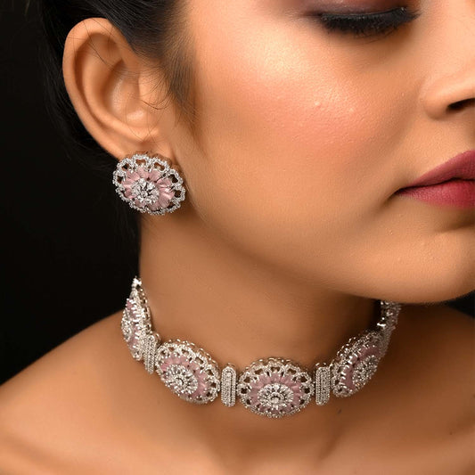 Neeya Baby Pink Diamond Silver Plated Necklace Set