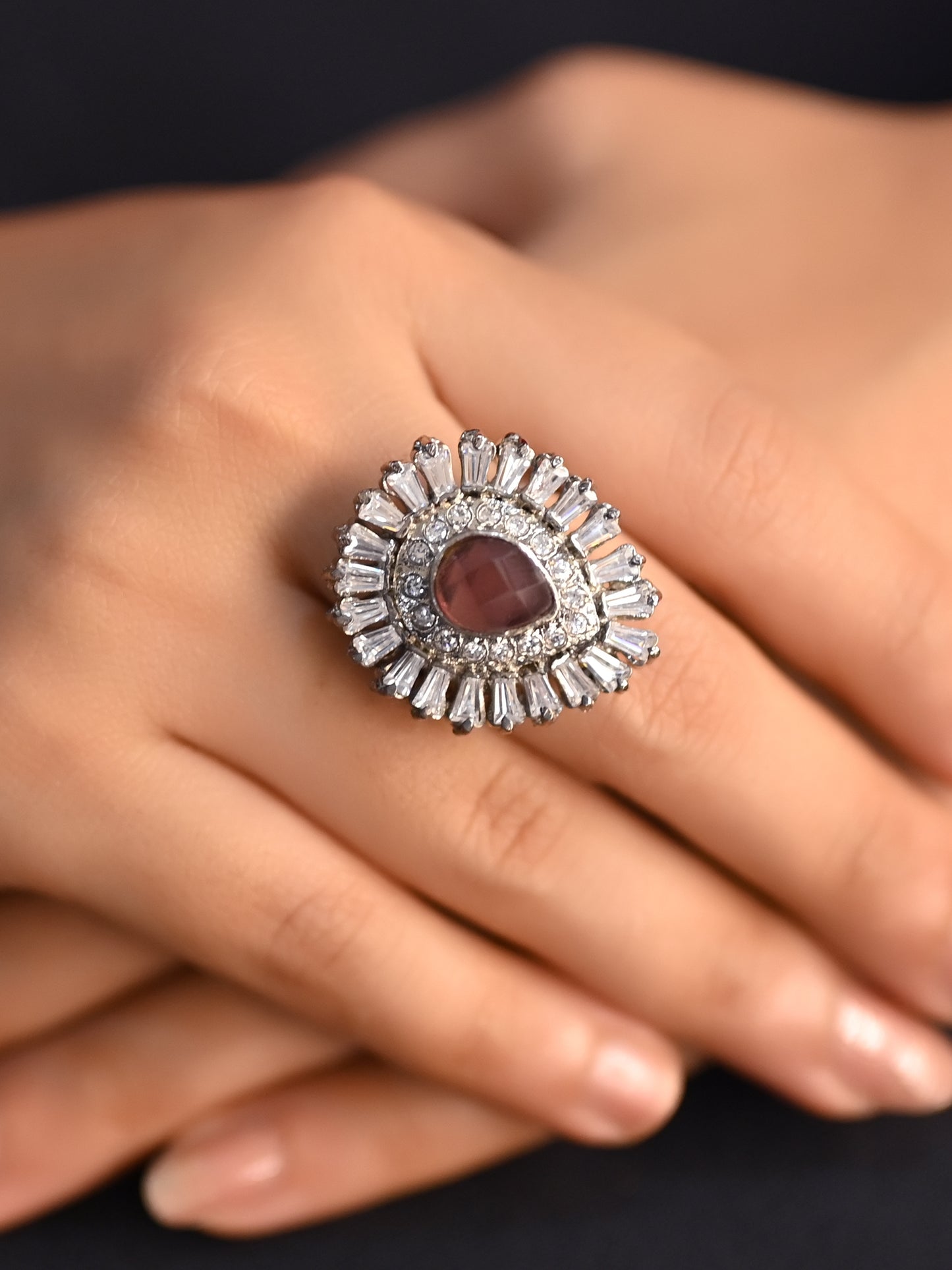 Leelavati Light Purple Stoned Rhodium Plated Victorian Ring
