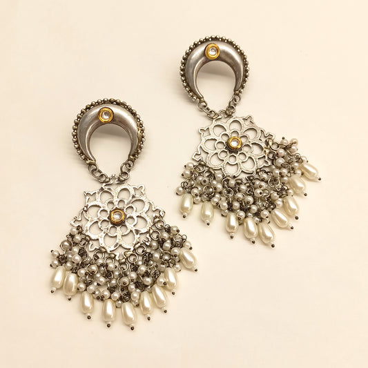 Bhagwati Silver Oxidized Earrings With Pearl Hangings