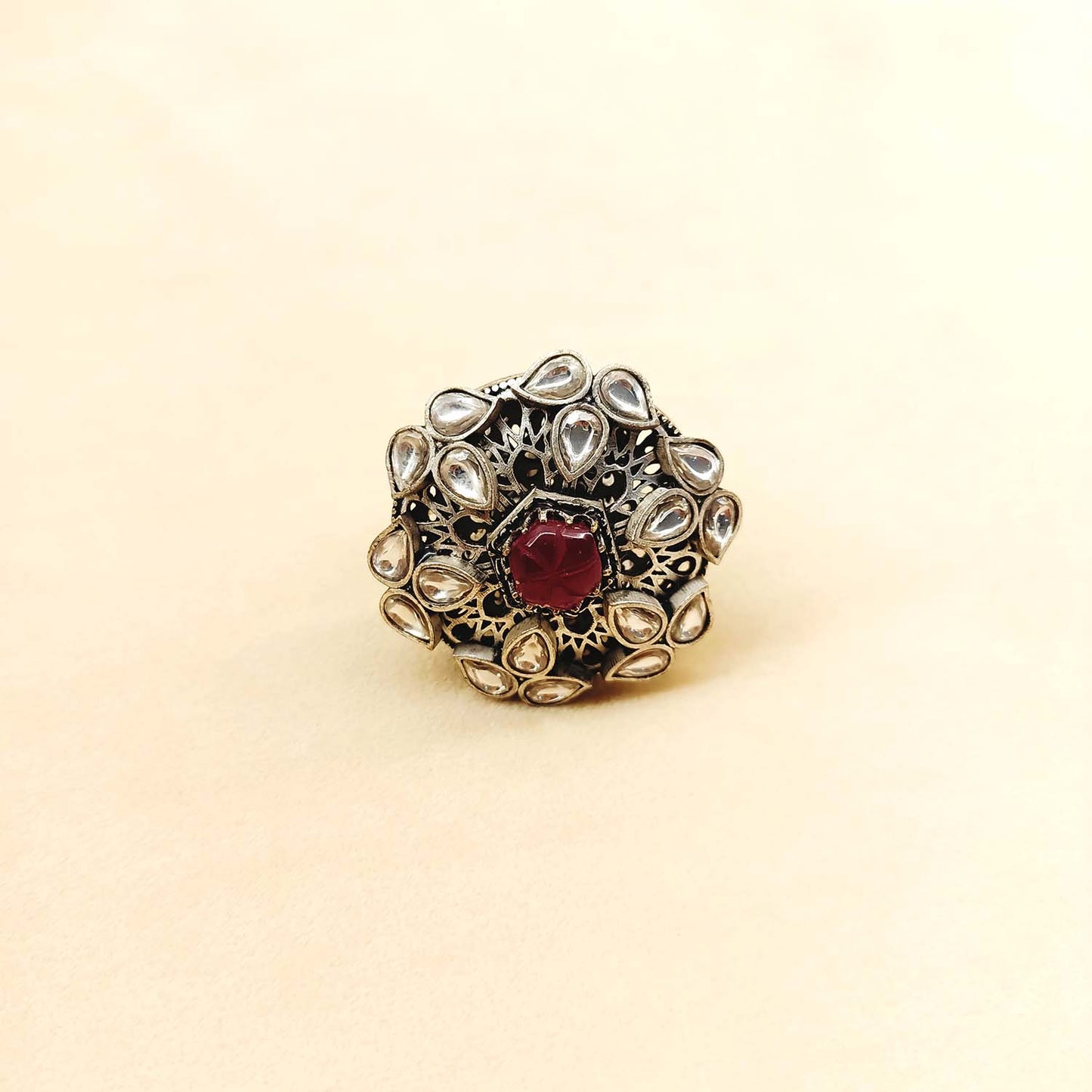 Indira Rose Pink Stone Oxidized Silver Boutique Ring