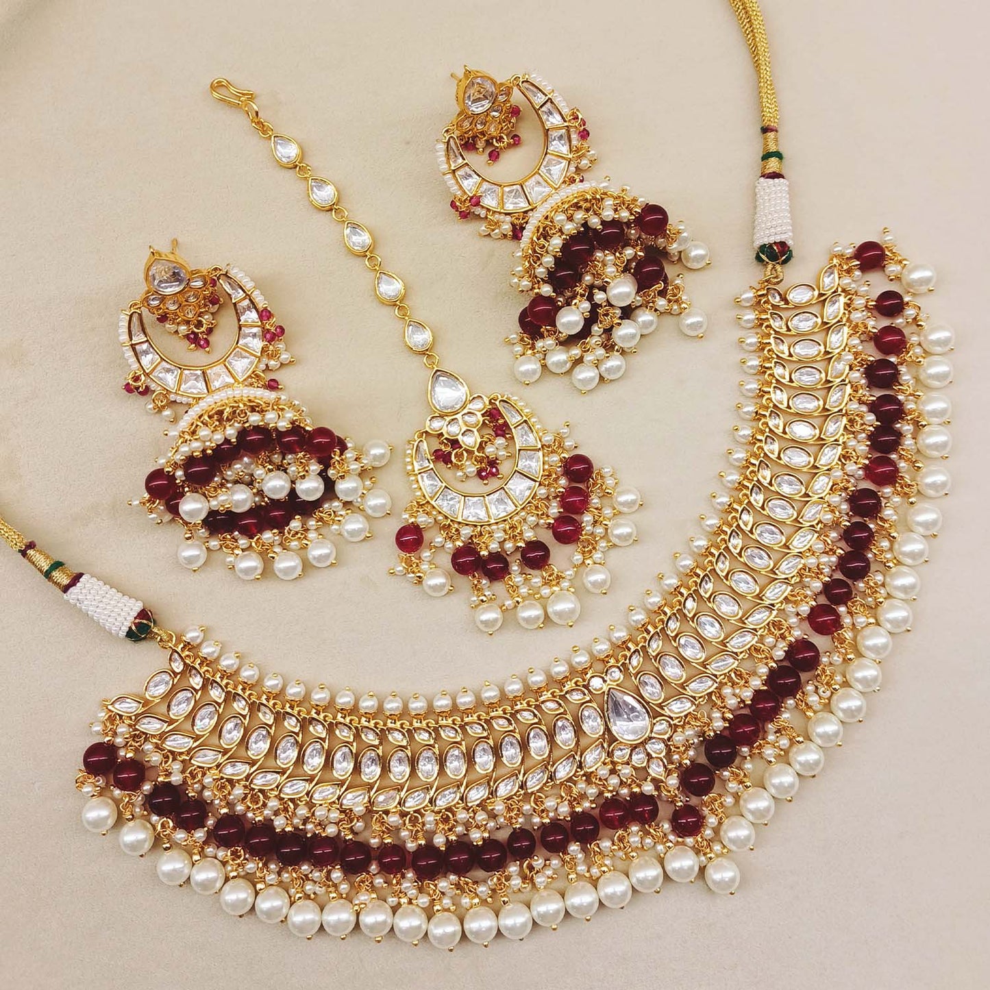 Minal Gold Plated Maroon Pearl Drop And Kundan Necklace Set