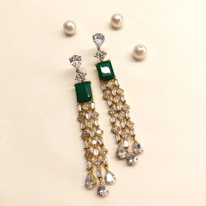 Priyal Green Stoned American Diamond Gold Plated Earrings
