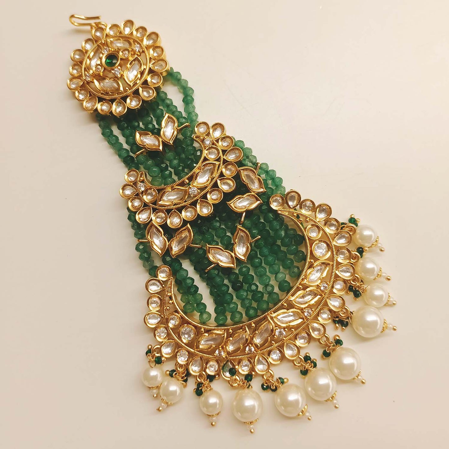 Sheetal Green & White Pearl Gold Plated Kundan Passa