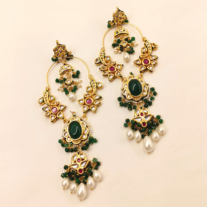 Prachi Long Kundan Earrings With Green Stone