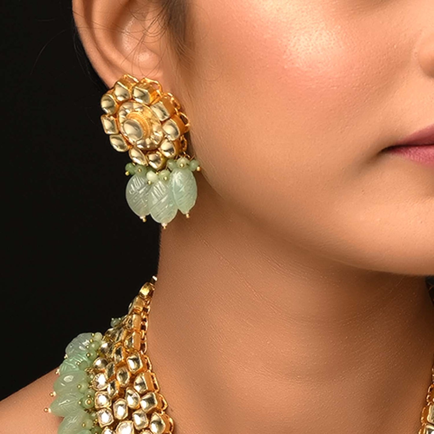 Naaz Golden Coloured Pachi Kundan Long Necklace Set With Mint Green Drops