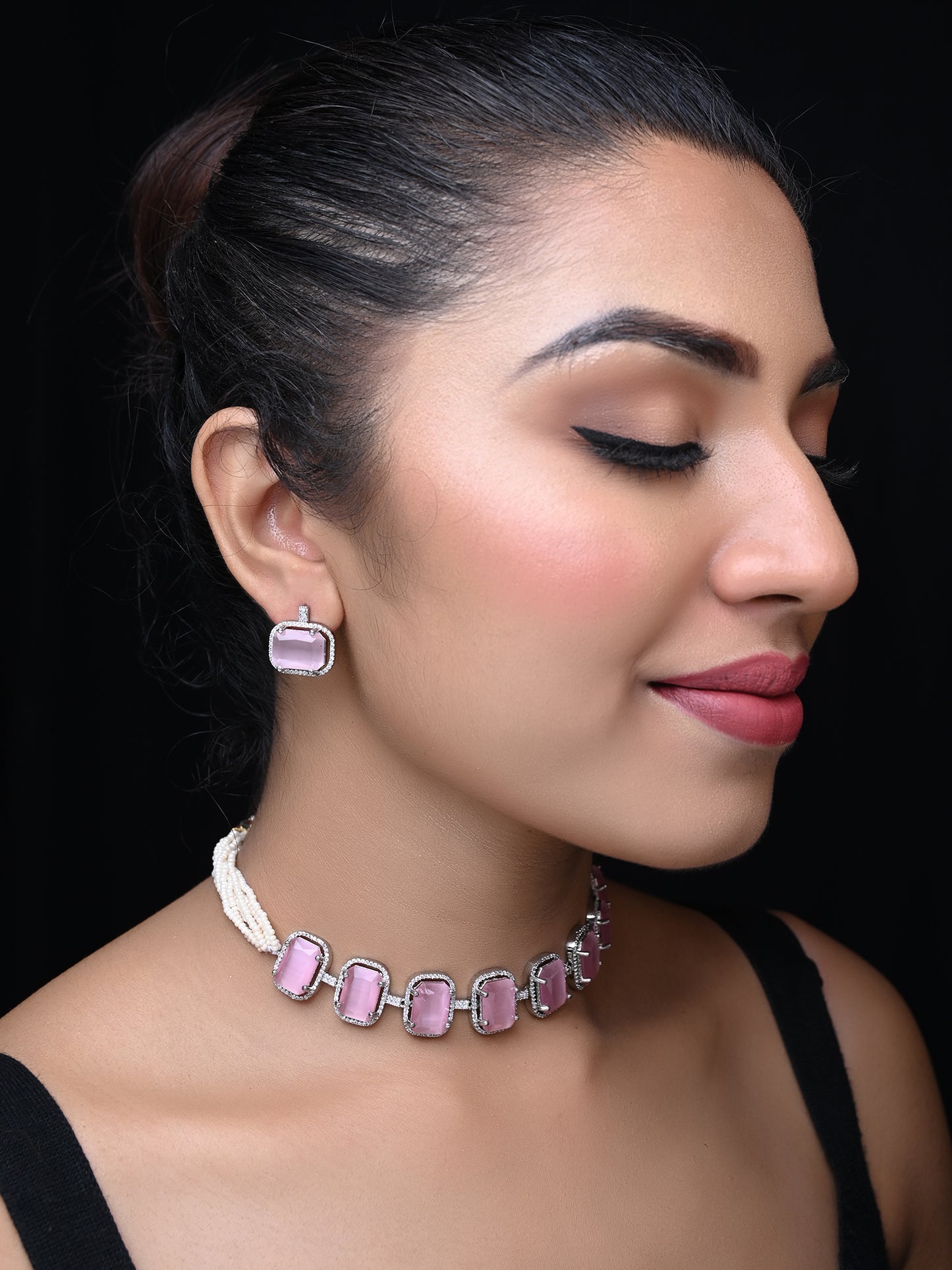 Saara Pink Stones & American Diamond Necklace Set