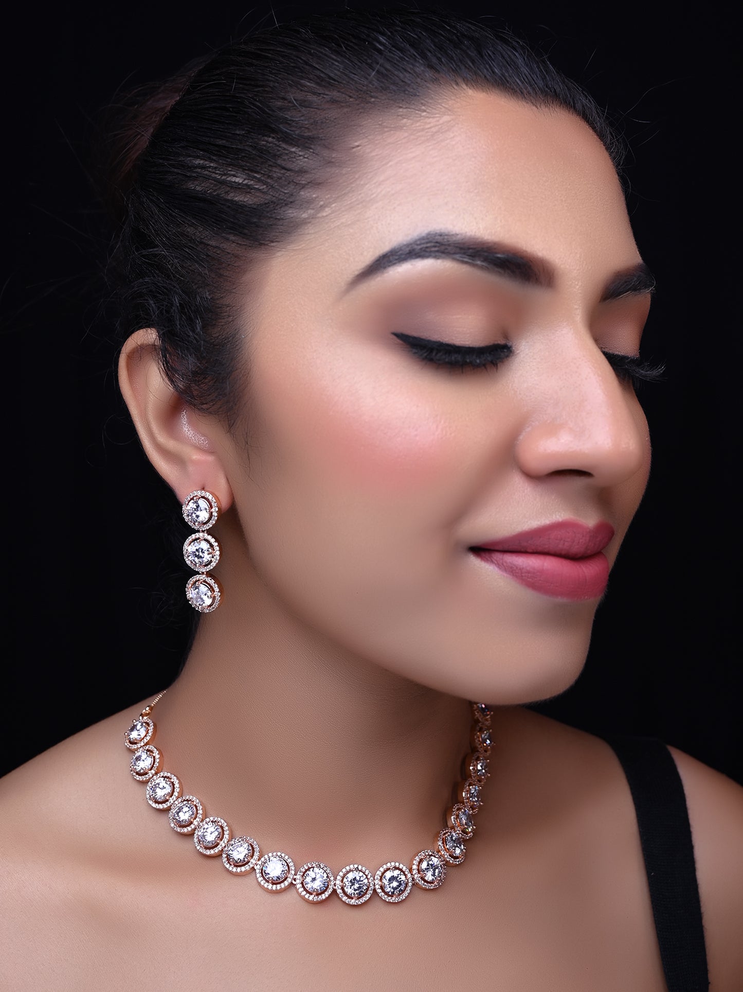 Shahnaaz Rose Gold Plated Semiprecious White Stone American Diamond Set