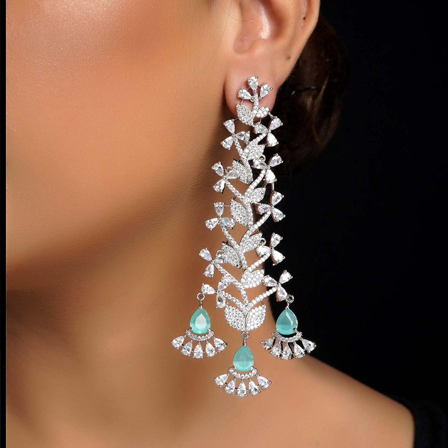 Chaitali Fancy Cut Shape Diamond Danglers With Sky Blue Stone