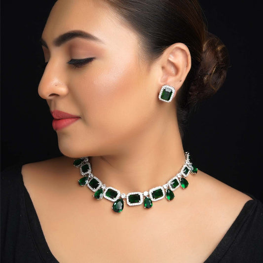 Ayana Green Emerald And Diamonds Silver Plated Necklace Set